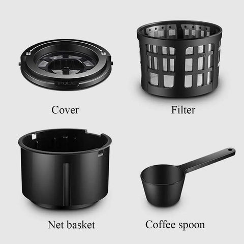 Premium Bean To Cup Coffee Machine And Single Serve Espresso Maker With Programmable Settings Steam Foamer components including cover, net basket, filter, and coffee spoon.