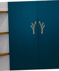 Gold branch-style cabinet knobs on blue wardrobe doors, part of Branch Shape Cabinet Knobs 4 Piece Set for Cabinets and Drawers Dressers Cupboards and Closets Easy Open Vintage Style Furniture Handles Decorative Hardware for Kitchen and Home Renovations.