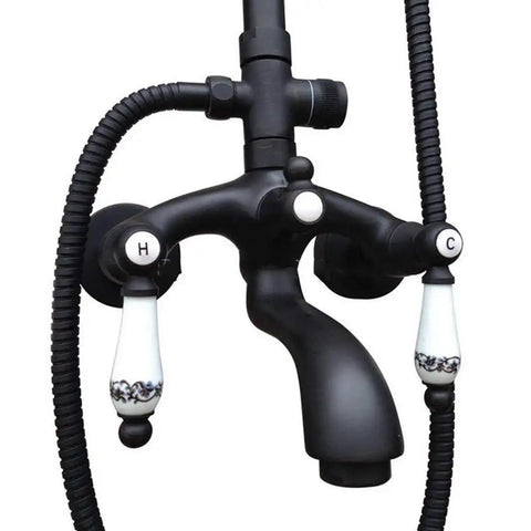 UMJIGF Shower System with Hot and Cold Water Black Shower Faucet Set features double ceramic handles and hose.