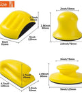 Four yellow sanding blocks with dimensions for Five Pack Sanding Blocks Set With Round And Mouse Shapes, Hook And Loop Sanding Block Kit.