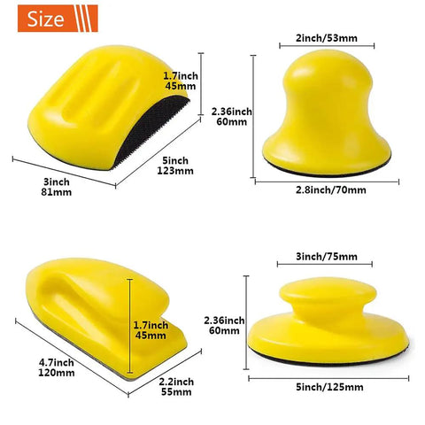 Four yellow sanding blocks with dimensions for Five Pack Sanding Blocks Set With Round And Mouse Shapes, Hook And Loop Sanding Block Kit.