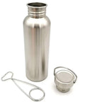 Bombproof Stainless Steel Water Bottle With Hanging Hook For Outdoor Adventures, showing the bottle, cap, and hook.