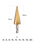 Heavy Duty Titanium Coated Step Drill Bit With A 1/4 Inch Hex Shank, 73mm tall, 52mm diameter, ideal for metal, wood, and plastic.
