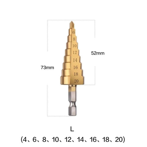 Heavy Duty Titanium Coated Step Drill Bit With A 1/4 Inch Hex Shank, 73mm tall, 52mm diameter, ideal for metal, wood, and plastic.