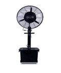 Heavy Duty Industrial Misting Fan With Fine Water Spray Delivers Straight Up Powerful Cooling For Outdoor Gyms And Greenhouses, front view, black unit.