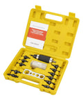 Two In One Rivet Nut Tool For Drill Converts To A Rivet Gun And Rivnut Tool Kit Includes Twelve Mandrels And Four Rivet Heads Works With 18V To 24V Cordless Drills displayed in yellow carrying case with accessories visible.