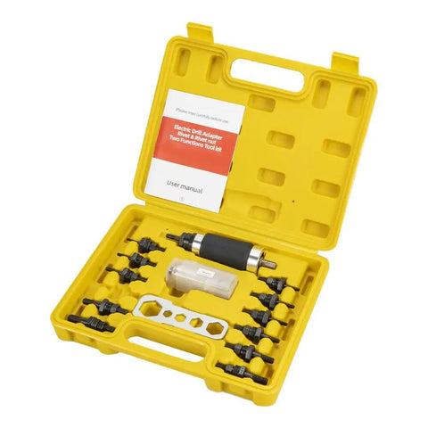 Two In One Rivet Nut Tool For Drill Converts To A Rivet Gun And Rivnut Tool Kit Includes Twelve Mandrels And Four Rivet Heads Works With 18V To 24V Cordless Drills displayed in yellow carrying case with accessories visible.