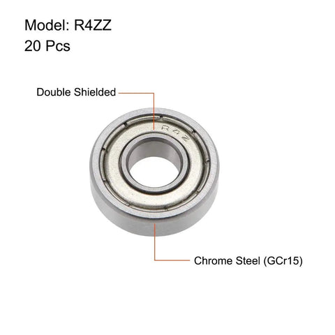 Close-up of R4ZZ Shielded Deep Groove Ball Bearing showing double shield and chrome steel construction, set of 20, 1/4x5/8x0.196 in.