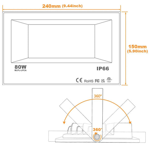 Illustration of All Weather Outdoor LED Flood Light 8000LM RGBW Color Changing, IP66 Waterproof, dimensions and rotation angles