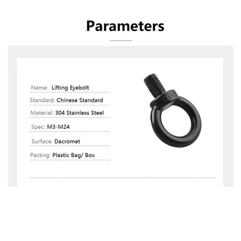 Durable 304 Stainless Steel Black Lifting Eyebolts Set With M3 To M24 Lifting Ring Screws and specifications sheet