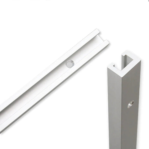Close-up of Heavy Duty T Slot Miter Jig Kit with aluminum track rails for woodworking and router tables.