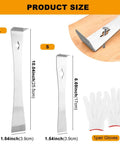 Two Piece Stainless Steel Pry Bar Scraper Set With Gloves Includes Six Point Six Nine Inch And Ten Inch Flat Pry Bars For Baseboard Removal Trim Pulling Nail Pulling Beekeeping Hive Scraping And Carpentry Jobs, with product size details.