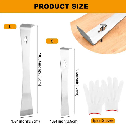 Two Piece Stainless Steel Pry Bar Scraper Set With Gloves Includes Six Point Six Nine Inch And Ten Inch Flat Pry Bars For Baseboard Removal Trim Pulling Nail Pulling Beekeeping Hive Scraping And Carpentry Jobs, with product size details.