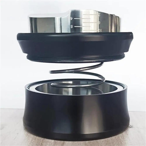 Top Shelf Dual Head Coffee Distributor And Tamper Kit Featuring Quick Rebound Design with stainless steel and black base.