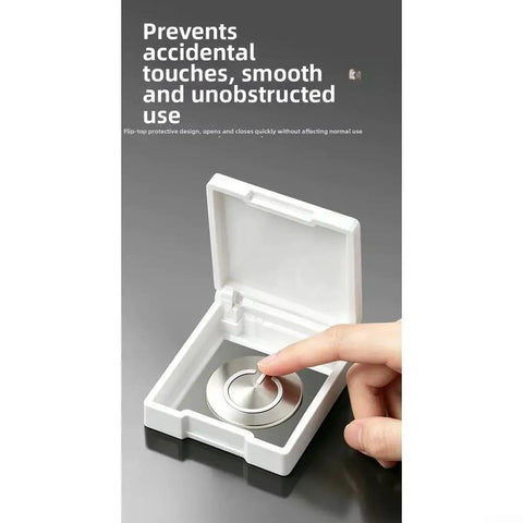 Three Pack Appliance Button Covers With Safe Flip Lid in use on silver button, demonstrating safety protection, white 54x54mm cover