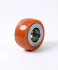 Industrial Grade Polyurethane Auxiliary Wheel For Forklift Stacker Balance Rollers With All Day Traction And Built Tough Reliability For Warehouse Rigs 125Mm Pu close-up view with orange PU material and metal core.