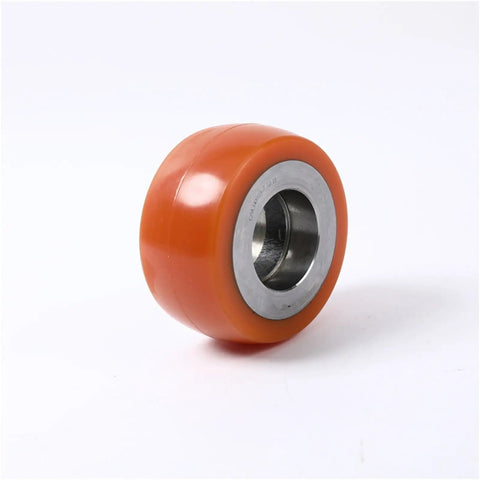 Industrial Grade Polyurethane Auxiliary Wheel For Forklift Stacker Balance Rollers With All Day Traction And Built Tough Reliability For Warehouse Rigs 125Mm Pu close-up view with orange PU material and metal core.