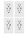 Set of four Dual USB Outlet Wall Receptacles with GaN USB C PD 65W Fast Charge Ports, tamper resistant, UL listed for home use.