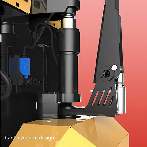Close-up of heavy duty electric pallet jack with swap ready lithium battery showing cantilever arm design and hydraulic components.