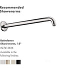 Chrome shower arm matching the Croma Select S 7 Inch Low Flow Showerhead With Rain And IntenseRain Sprays EcoRight Water Saving.