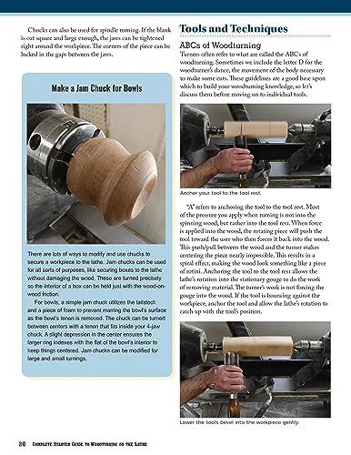 Book: Complete Starter Guide to Woodturning on the Lathe open spread showing jam chuck for bowls and lathe tools.
