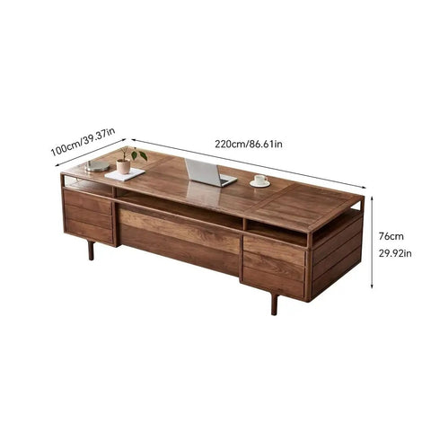 Top Shelf Solid Wood Office Desk Featuring Expert Mortise Tenon Joinery Delivers Serious Flex For Your Home Workspace Or Apartment Studio While Keeping Your Gear Neat And Tidy, walnut finish, 220cm, compact design.