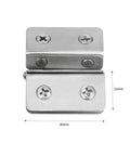 Close-up of stainless steel 4 Pack 180 Degree Glass Door Hinges Adjustable Double Sided Clips, 40x22mm dimensions shown