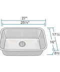 Diagram of 2718-16 16 Gauge 304 Grade Stainless Steel Single Bowl Kitchen Sink With Wide Curved Corners, dimensions shown