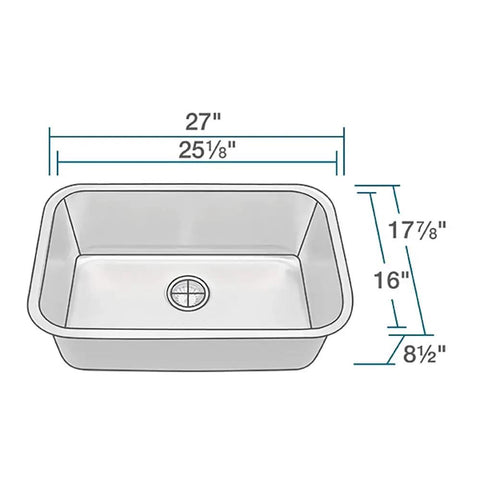 Diagram of 2718-16 16 Gauge 304 Grade Stainless Steel Single Bowl Kitchen Sink With Wide Curved Corners, dimensions shown