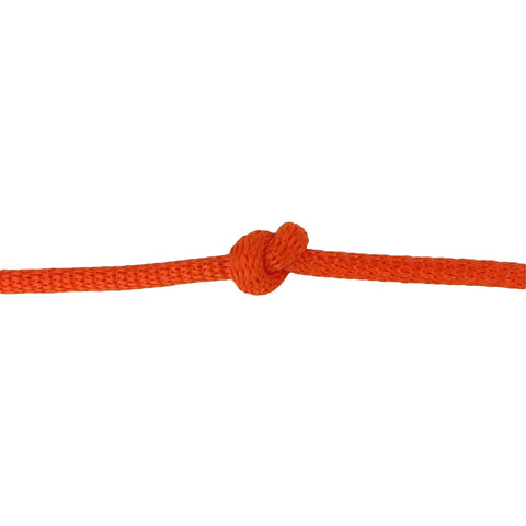 Neon Orange One Quarter Inch Polyester Rope, Solid Braid High Viz Utility Line, 500 Foot Spool, UV Resistant, knotted example