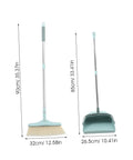 Top Shelf Long Handle Dustpan And Broom Set For All Hard Floors, tall standing broom and dustpan with sky blue color and measurements.