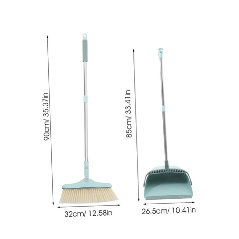 Top Shelf Long Handle Dustpan And Broom Set For All Hard Floors, tall standing broom and dustpan with sky blue color and measurements.