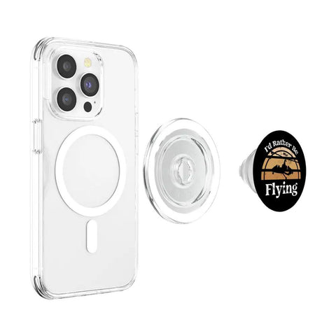 Clear MagSafe PopGrip and iPhone case with 'I'd Rather Be Flying' design, Gyrocopter Gyroplane Pop Grip For iPhone With MagSafe Base Perfect For Autogyro Pilots And Aviation Enthusiasts A Magnetic Phone Grip For Flight Instructors Hobby Flyers And Anyone Who Loves The Sky.