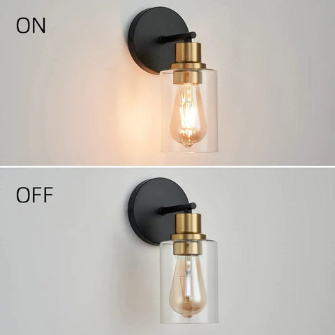 2 Pack Black And Gold Wall Sconces With Clear Glass Shades Sleek Modern Farmhouse Vanity Lights for Bathroom shown on and off