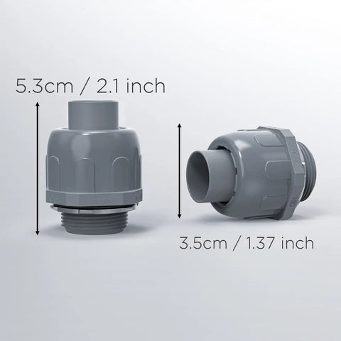 Kickass Built Tough 1/2 Inch Straight Conduit Connectors Grey Nylon 6 Fittings measuring 5.3cm and 3.5cm for electrical wiring.