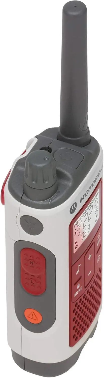 Two Way Radio Duo Pack For Outdoor Prepper Ready With 22 Channels And 35 Mile Range T482 Talkabout IP54 Weatherproof Rechargeable Built In Flashlight White And Red LEDs Red Cross Emergency Prep White With Red Accents 2 Pack