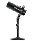 Hybrid Wireless Podcast Microphone With USB And XLR For PC Mac Phone Tablet shown on stand, side view