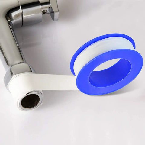 30 Roll Pack Of PTFE Thread Seal Tape One Half Inch By Three Hundred Ninety Four Inches White Teflon Pipe Sealant Tape For Leak Proof Plumbing Water Lines And Air Lines DIY Plumbers shown wrapped around a metal pipe fitting.