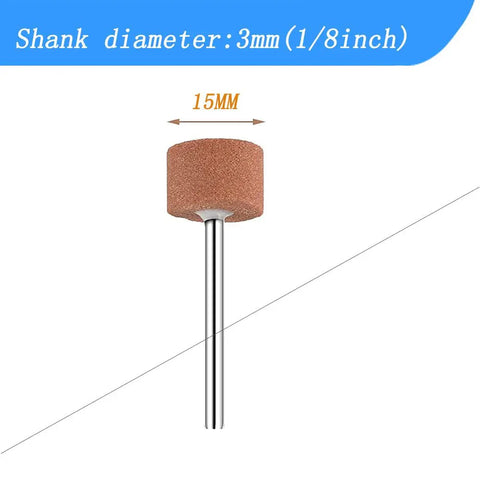 15mm cylinder shaped abrasive bit with 1/8 inch shank, part of 18 piece rotary grinding stone set for rotary tools, red corundum