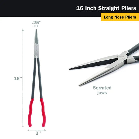 16 Inch Straight Long Nose Pliers With Long Reach For Tight Spaces, Serrated Jaw For A Strong Grip, 40CRV Satin Finish