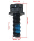 M6x18 disc brake caliper bolt with blue threadlocker, black carbon steel, 25mm length, for road, mountain, BMX racing calipers.