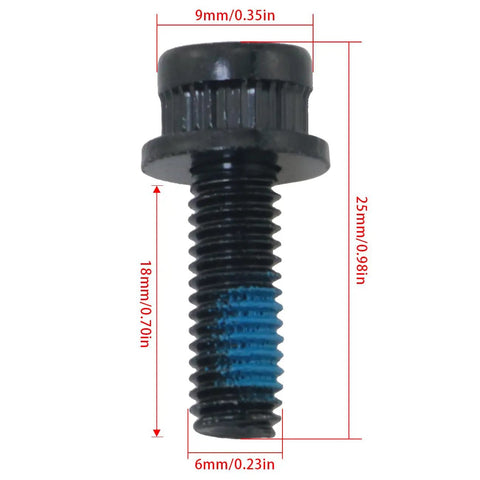 M6x18 disc brake caliper bolt with blue threadlocker, black carbon steel, 25mm length, for road, mountain, BMX racing calipers.