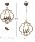 4 Light Farmhouse Chandelier With Handmade Wood Frame And Rustic Bronze Arms, Ceiling Light Fixture, Dimensions Showing