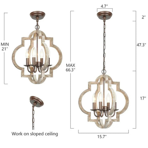 4 Light Farmhouse Chandelier With Handmade Wood Frame And Rustic Bronze Arms, Ceiling Light Fixture, Dimensions Showing