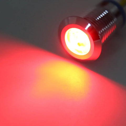 10mm Round LED Indicator Lights With Common Cathode, Dual Color Red And Green, 3-6V, shown emitting bright red light for dashboards.