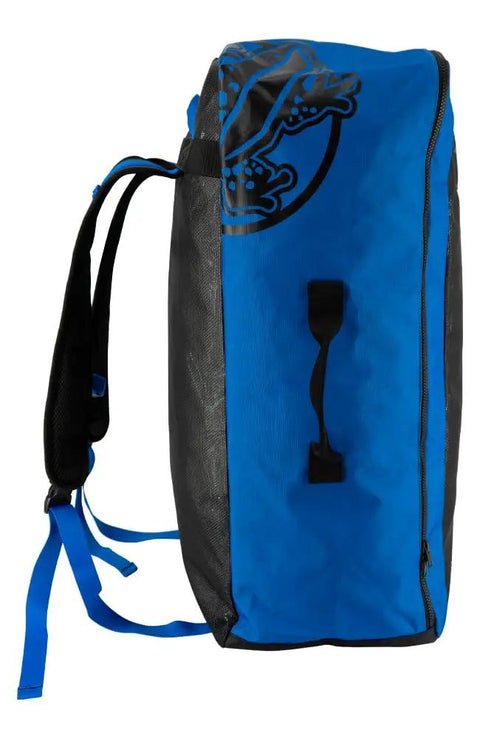 Azul 65L Mesh Backpack For Scuba Gear With Full Top Zipper Access, side view showing durable recycled polyester 600D material