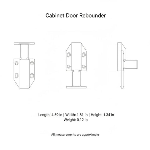 Technical drawing of Handle-Free Cabinet Door With Push To Open Rebounder Latch, Durable ABS Plastic Catch In White, 1 Pack