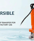 Tough Job Submersible Sump Pump For Quick Basement Bailout And Flood Cleanup 6000 Gallons Per Hour Output With Quiet Motor And Compact Build For Home Or Shop Use in water, orange, portable design.