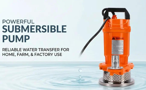 Tough Job Submersible Sump Pump For Quick Basement Bailout And Flood Cleanup 6000 Gallons Per Hour Output With Quiet Motor And Compact Build For Home Or Shop Use in water, orange, portable design.