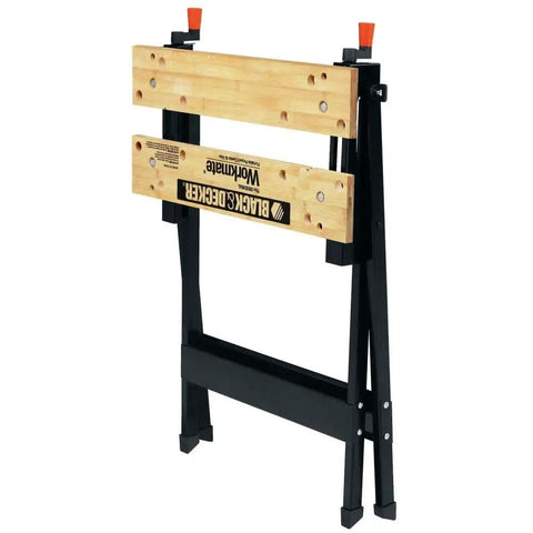 Folded Pro-Grade Portable Workbench With 350-Pound Capacity, Foldable Steel Frame and Wooden Vise Jaws, Upright Storage View